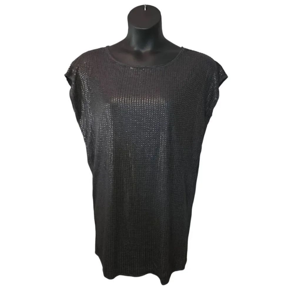 Vince Gray Sequin Knit Tunic Top Short Sleeve Dolman Sparkle Blouse M
